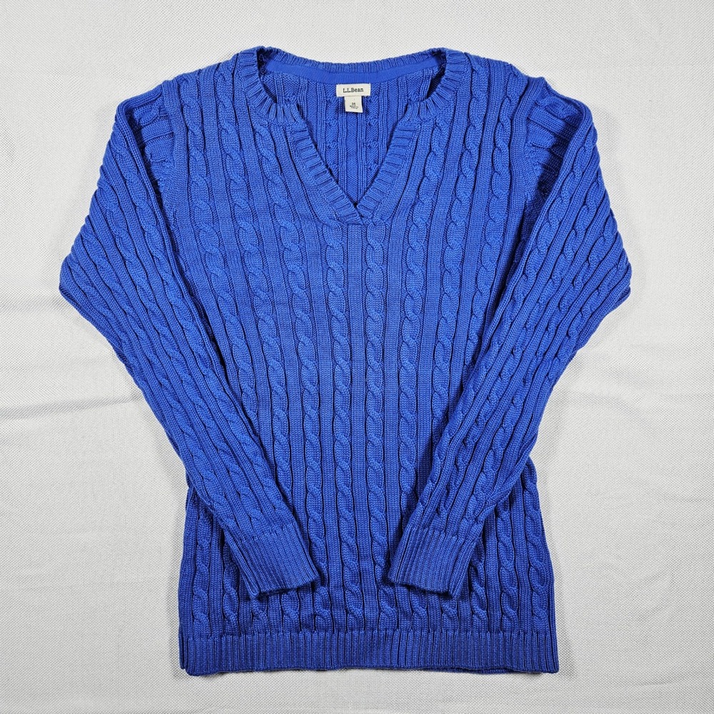 L L Bean Blue‎ Cable Knit V Neck Sweater Women's Size Medium 100% Cotton